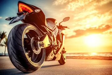 Black motorcycle parked on a beach at sunset.