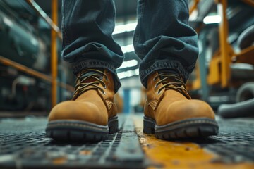 Close up of safety workers shoes in factory