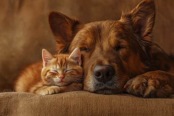 Adorable Dog and Kitten in Cozy Sleep