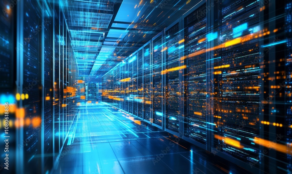 Aufkleber advanced data center showcasing server cabinets and high tech equipment for cloud computing services