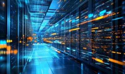 Advanced data center showcasing server cabinets and high tech equipment for cloud computing services