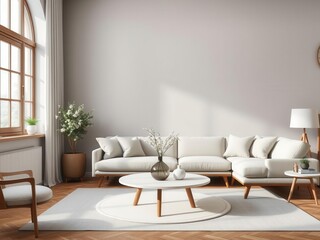 Round wooden coffee table with a vase on top, placed near a sofa against a window in a minimalist modern living room interior design, minimalist, window