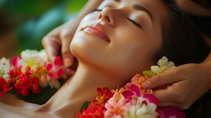 Fototapeta premium Woman enjoying a relaxing spa treatment with flowers in a tropical setting during a serene afternoon