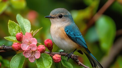 Obraz premium A vibrant blue and orange bird perched gracefully on a flowering branch amidst fresh green foliage, capturing the essence of nature's beauty