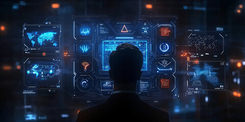 Fototapeta premium A person observes a high-tech interface filled with data visualizations, symbolizing advanced technology and digital exploration