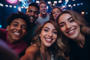 Fototapeta premium Close up of a diverse friends taking selfie while having party in club