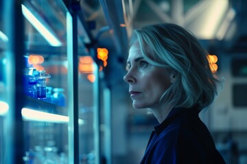 Fototapeta premium A scientist in her late forties with blonde hair conducts research in a modern laboratory focused on innovative scientific experiments