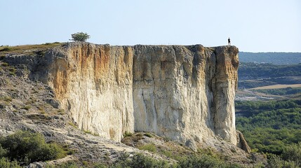 A lone figure stands on the edge of a high cliff overlooking a valley.