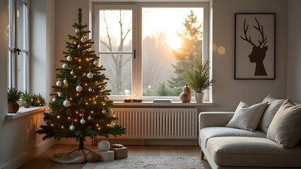 A cozy living room with a decorated Christmas tree and comfy couch
