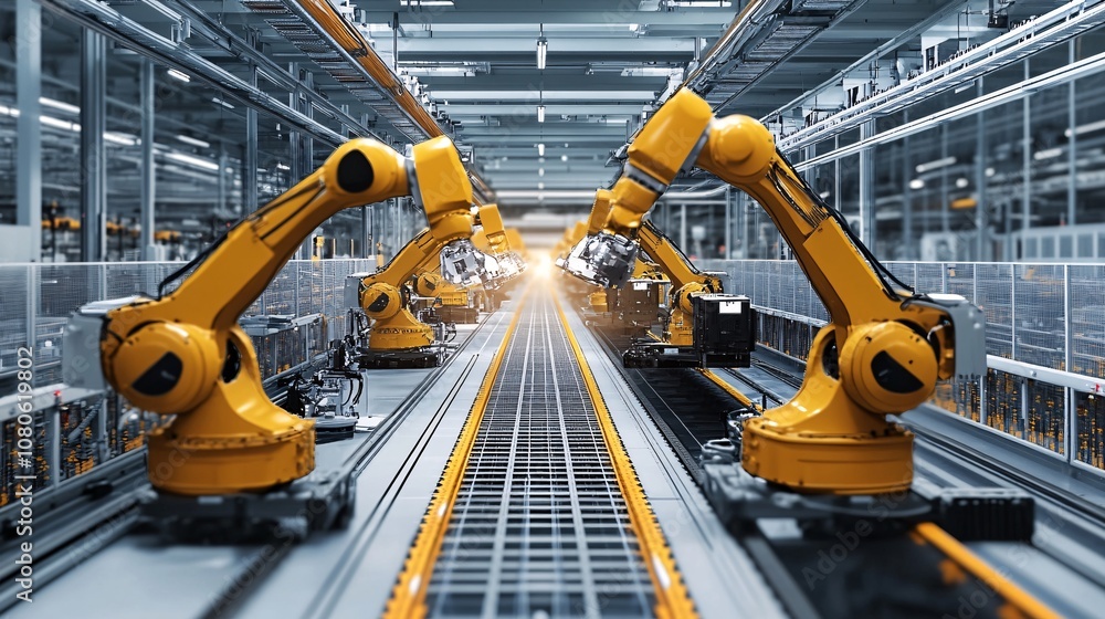 Aufkleber robotic arms working on assembly line in modern factory