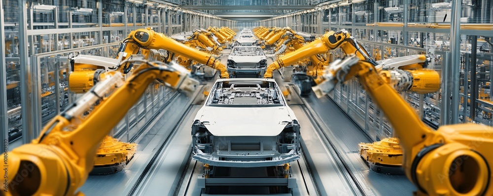 Aufkleber robotic arms assembling cars in a modern automated factory