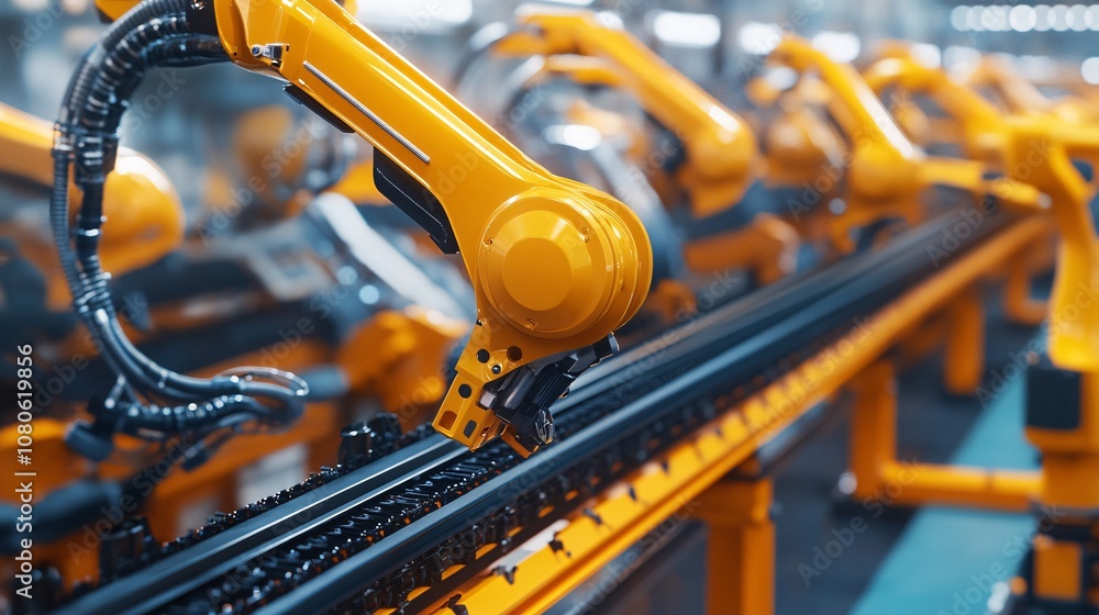 Poster robotic arms working on assembly line in modern factory