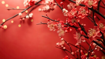 Obraz premium Red blossom branches with gold confetti on a red background, creating a festive and celebratory design for Chinese New Year or other celebratory events.