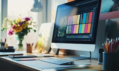 Elegant creative designer s workspace with color swatches, graphic tablet, and bright natural light