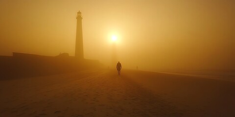 A lone figure walks towards a lighthouse on a foggy beach at sunset.