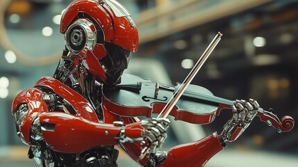 A striking image of a red and silver robotic musician focused on playing a violin, showcasing a fusion of futuristic design and classical musical artistry.