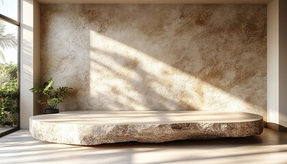 Stone podium with sunlight for product display. Perfect for showcasing your products in a modern and minimalist setting.