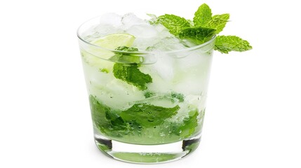 A Refreshing Mojito Cocktail Drink Standing Alone on a Crisp White Background. A Tantalizing and Invigorating Beverage in a Simple Setting.