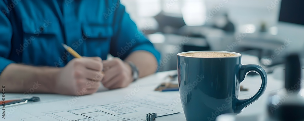 Poster focused engineer reviewing house blueprint in modern workspace - organized desk with tools architect