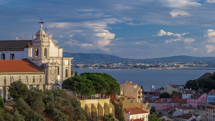 Obraz premium Lisbon during sunset aerial view of city centre with Sophia de Mello Breyner Andresen at Autumn day to night timelapse, Portugal
