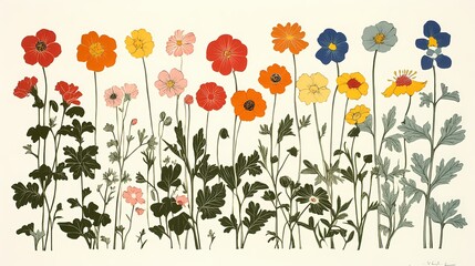 Fototapeta premium Retro flowers and plants set pattern illustration poster background