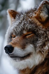 Obraz premium A serene wolf, with closed eyes and a gentle expression, is captured in a snowy environment showcasing the beauty and calmness of wildlife in winter