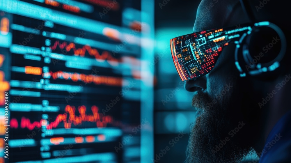 Poster man wearing futuristic vr headset analyzing data with digital interface in dark environment.