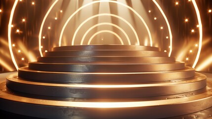 A stunning circular stage with glowing golden lights and concentric arches, perfect for events, performances, or elegant presentations.