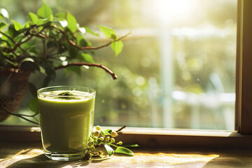 editorial close up photo of japanese green matcha latte with heart latte milk art in ceramic mug flower details on cafe coffee shop table with natural sunlight for alternative healthy beverage drinks