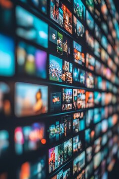 Dynamic wall of digital screens showcasing fast paced media content production in modern times