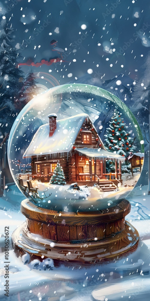 Poster a snow globe with a house and a tree in it. the house is surrounded by snow and the tree is covered 