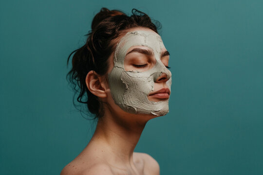 Close up portrait of a toung person with a mud mask on her face applying a facial clay peel