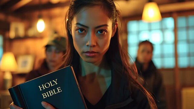 Devout Woman Holding Holy Bible Under Warm Lighting Indoors with Blurred Background Figures, Emphasizing Faith, Devotion, and Spirituality