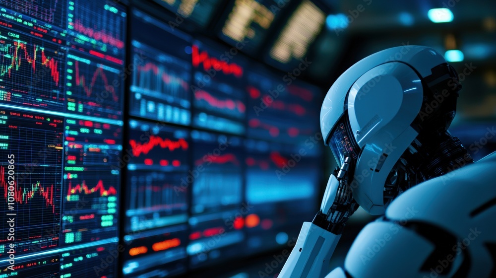 Poster robot analyzing data on multiple monitors, showcasing ai and technology in a futuristic setting.