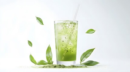 Refreshing iced green tea drink with ice cubes and green tea leaves.