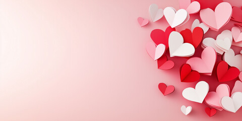 Happy Valentines Day Backgound with Red and White Romantic Paper Hearts Composition. Beautiful wallpaper for Party for Romantic Feeling on Valentine's Day. as Simple Gift Banner for Valentine Greeting
