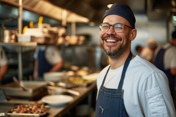 Fototapeta premium Portrait of a smiling American chef in restaurant kitchen