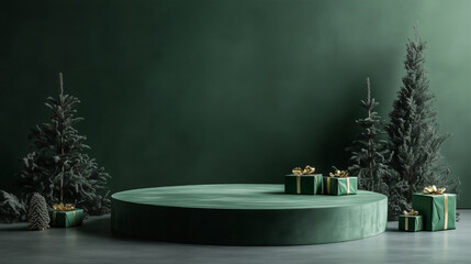 Christmas green Cylindrical Stone for Promotions. Luxury Cylindrical Stand. with tree Abstract Design in Illustration Realistic 3D Studio for Product Placement. New Year Sale Round stone Stage.