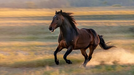 Fototapeta premium Wild Horse Galloping Across Open Field, Capturing Freedom and Power