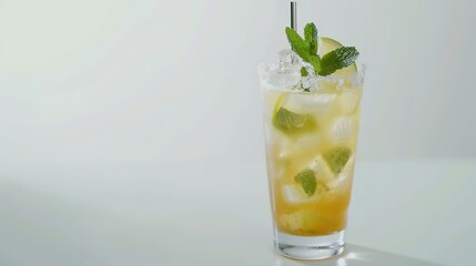 A Refreshing Mojito Cocktail Drink Standing Alone on a Crisp White Background. A Tantalizing and Invigorating Beverage in a Simple Setting.