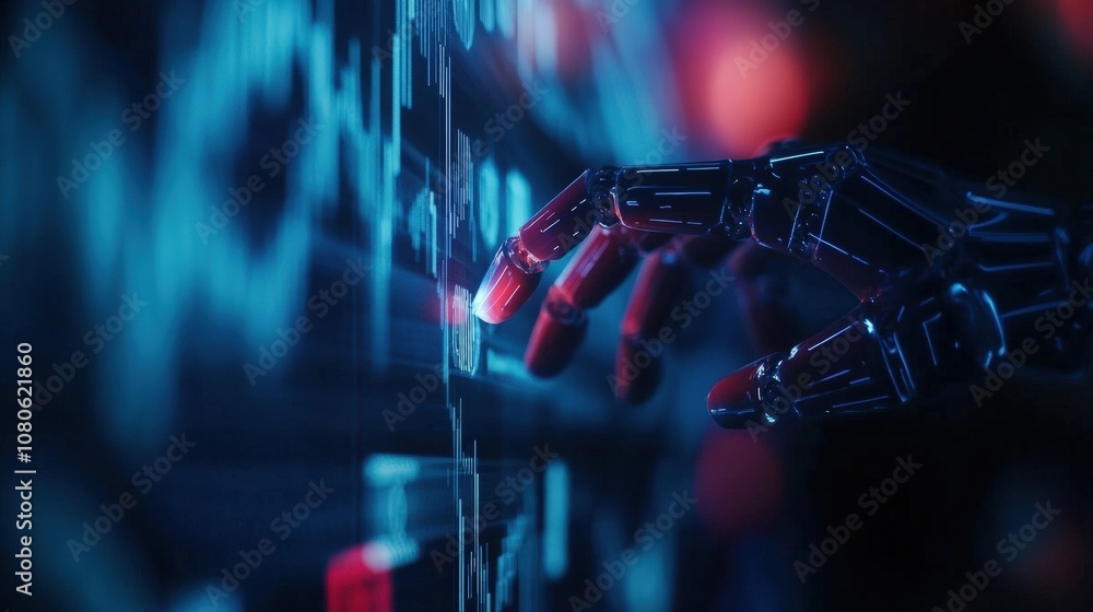 Poster robotic hand interacting with a digital screen displaying data. futuristic concept of ai in technolo