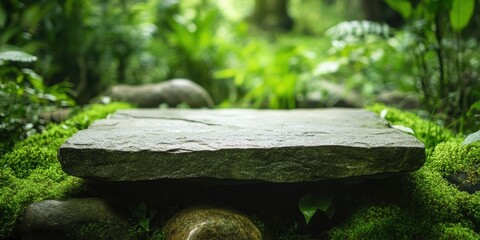 Obraz premium flat stone table in the middle of a forest, surrounded by moss, rocks, and lush green plants