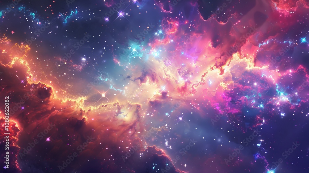 Poster a colorful galaxy with many stars and clouds. the stars are in different colors and sizes