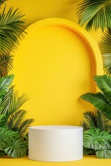 Obraz premium A podium surrounded by lush greenery against an arched yellow wall