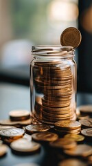 Saving money in a glass jar with coins stacked up high