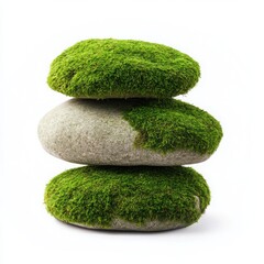 Three stacked moss-covered stones on a white isolated background.