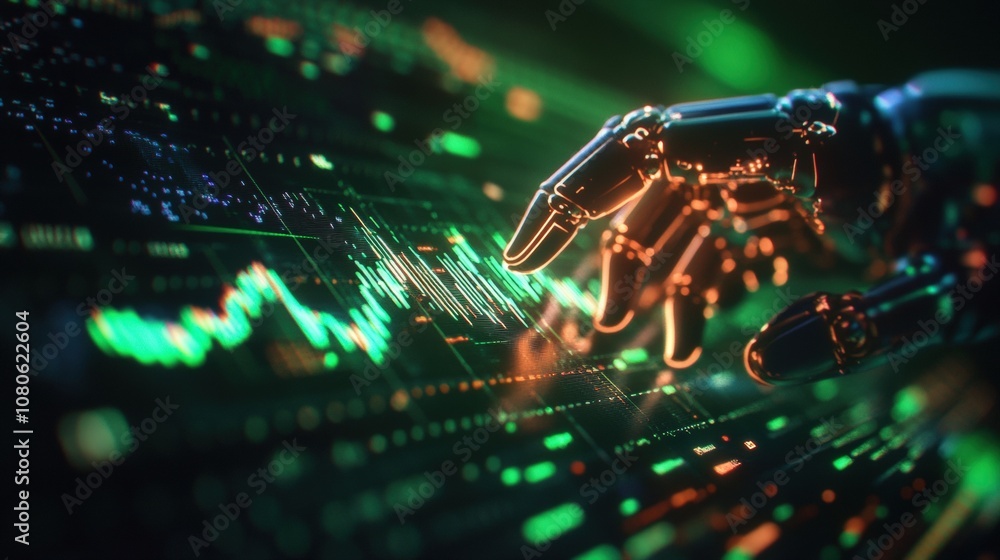 Poster robotic hand interacting with digital data interface, glowing lights and graphs.