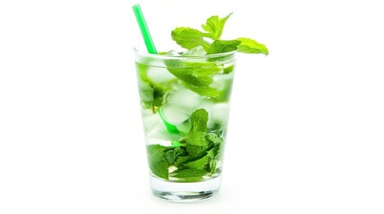 A Refreshing Mojito Cocktail Drink Standing Alone on a Crisp White Background. A Tantalizing and Invigorating Beverage in a Simple Setting.