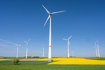 Wind turbines with some flowering canola fields seen in Germany