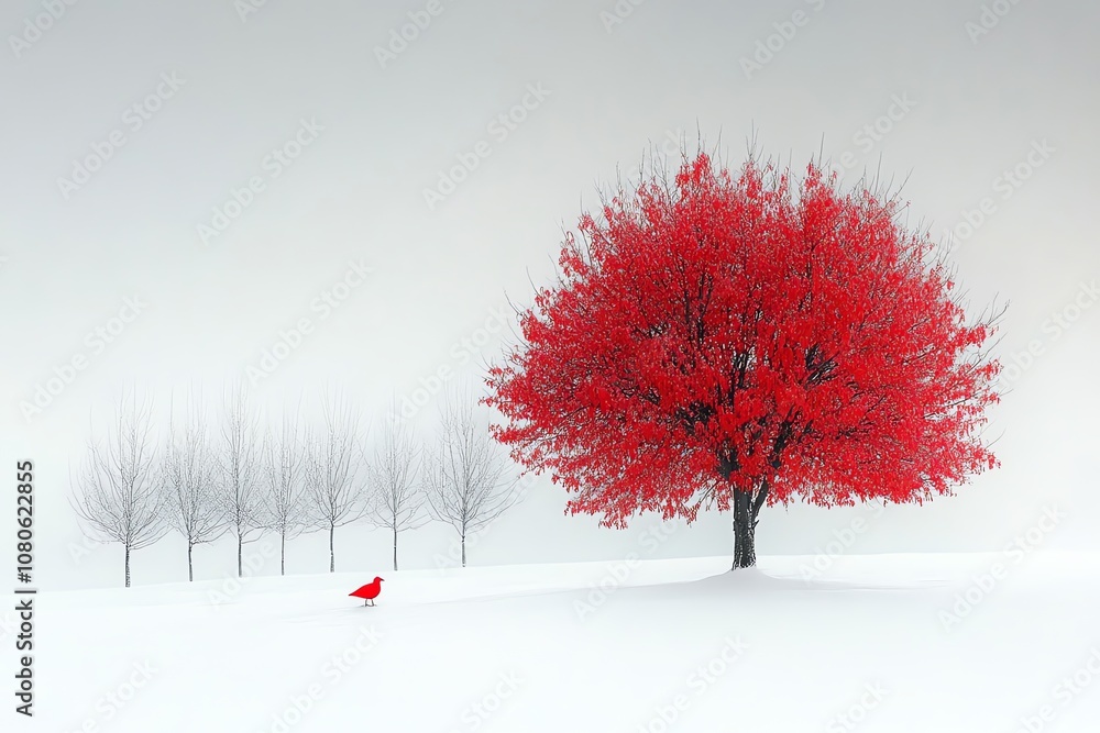 Poster a lone red bird stands in a snowy field with a single red tree in the background, and several bare t
